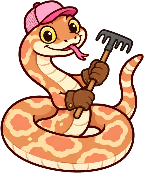Kernel the corn snake wearing gardening gloves